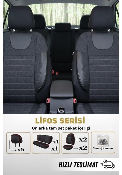 Lifos Serisi Koton Kumaş Universal Oto Koltuk Kılıfı Tam Set Siyah Gri Genel