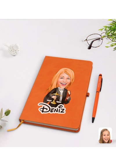 Kişiye Özel Kadın Avukat Karikatürlü Turuncu Termo Deri Defter Ka N11.976