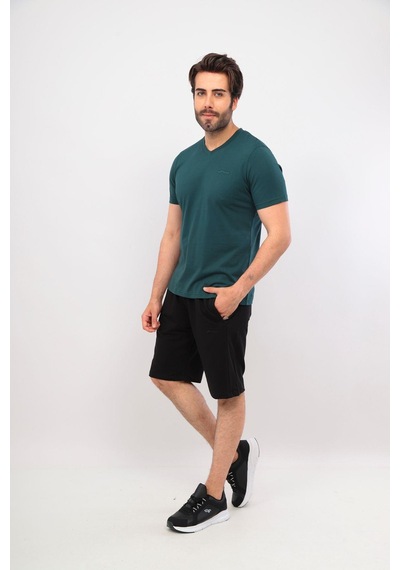 Erkek V Yaka Tshirt Şort Cep Fermuarlı Alt Üst Takım Yeşil Siyah