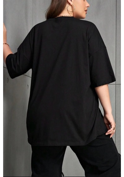 Kelebek Baskılı Kadın Büyük Beden Battal Bisiklet Yaka Pamuklu T-shirt Rahat Kesim SIYAH
