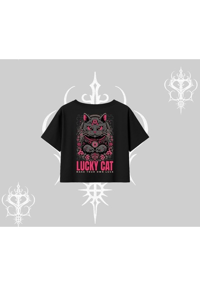Startmore Startmore Lucky Cat Japon Tarzı Kedi Baskılı Oversize Crop Tshirt Siyah