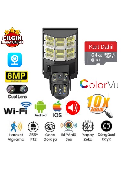 Avenir Av-sl401x Solar 4g Sokak Lambası 3lens 3ekran 4mp Akıllı Ptz Kamera + 64gb Sd Kart Dahil