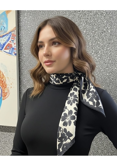 Tarzını Seç Kadife Çiçek Şeritli Fular Bandana Estascarf 7,5x100cm
