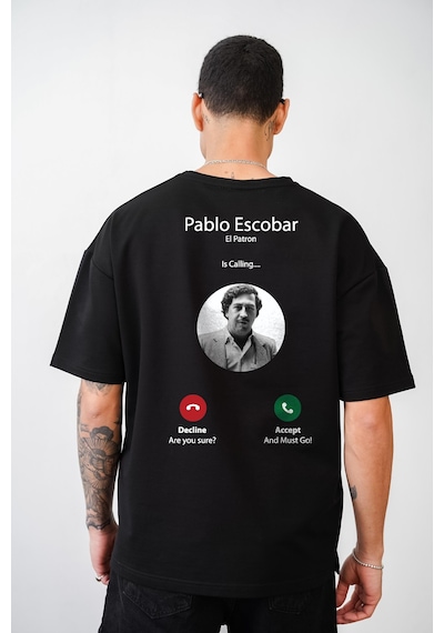 King-Brich Oversize Kalıp Pablo Escobar İs Calling Baskılı Unisex Tişört Siyah
