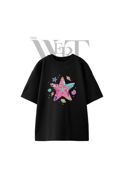 Thewert Tropical Deniz Yildizi Tasarım Baskılı Ünisex Siyah Oversize T-shirt