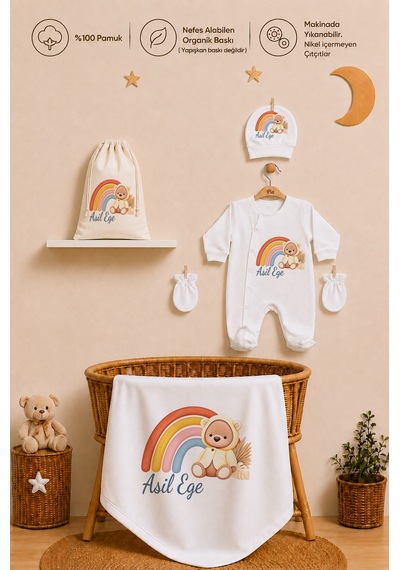 Pia Baby Erkek Bebek İsimli Hastane Çıkışı 6 Parça Tulum Şapka Eldiven %100 Pamuk Hediye Seti 2013tybkyx Krem