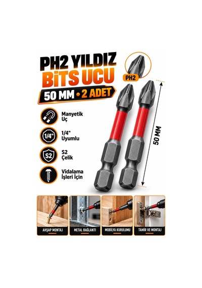 Ph2 Yıldız Bits Uç 50 Mm 2 Adet Mıknatıslı S2 Çelik 1/4 İnç Altıgen Şaftlı Vidalama Ucu