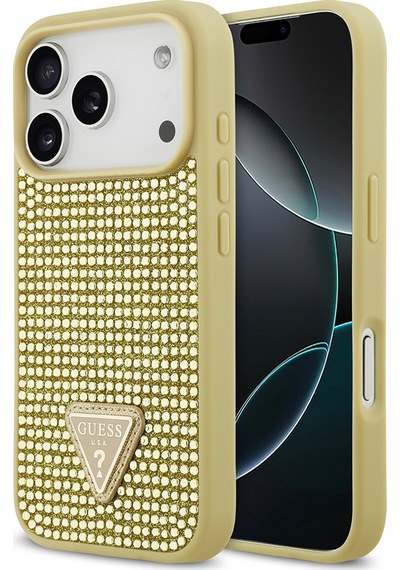 Apple Uyumlu iPhone 17 Pro Kılıf Guess Lisanslı Taşlı Arka Yüzey Üçgen Logolu Kapak Gold