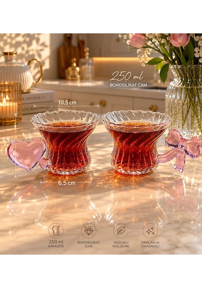 Morponi 2'li Pembe Kalp Ve Fiyonk Kulplu Borosilikat Cam Kupa Seti 250 Ml Şeffaf