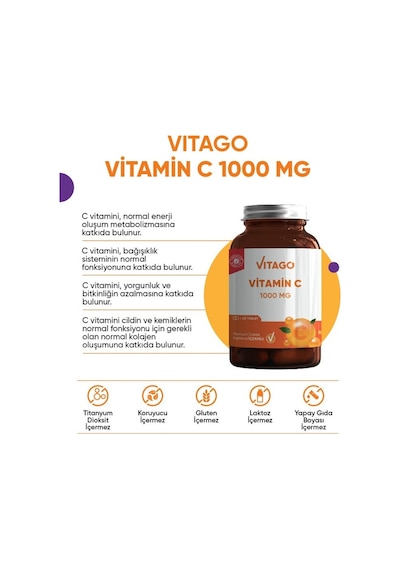 Vitago Premium Vitamin C 1000 MG İçeren Takviye Edici Gıda 60 Tablet