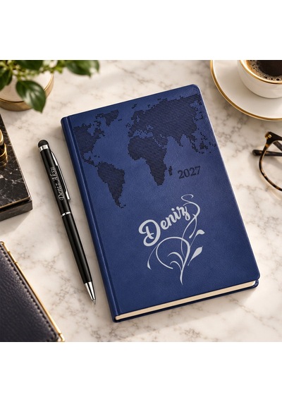 Bk Gift Kişiye Özel 378 Termo Deri Tarihli Ajanda & Siyah Touch Pen Tükenmez Kalem-5 Lacivert