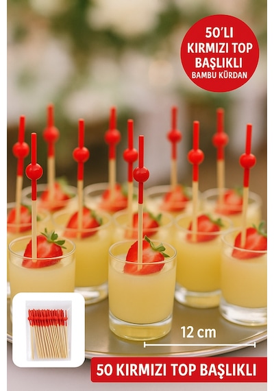 50 Li Kırmızı Top Başlıklı Bambu Kürdan Tatlı, Kanape Ve Kokteyl Sunum Kürdanı