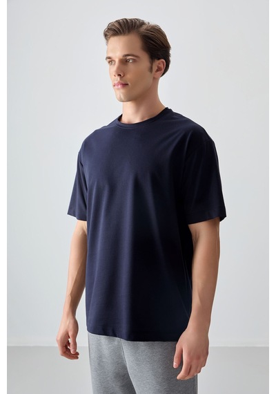 Air Jones Tommy Life Lacivert Pamuklu Kalın Yumuşak Dokulu Oversize Fit Basic Erkek T-shirt - 88377 Lacivert
