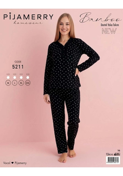 Pijamerry Kadın Bambu Baharlık Dantel Yaka Uzun Kol İnce Pijama Takımı 5211s - 1 Adet Siyah Pijamerry Kadın Bambu Baharlık Dantel Yaka Uzun Kol İnce Pijama Takımı 5211s - 1 Adet Siyah