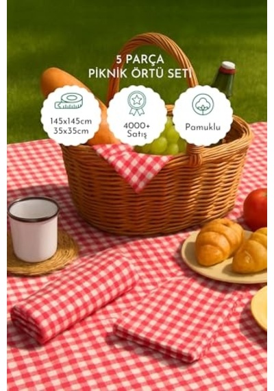 5li Piknik Seti, Piknik Masa Örtüsü 145x145cm Ve 4 Piknik Peçetesi 36x36cm Açık Bakır