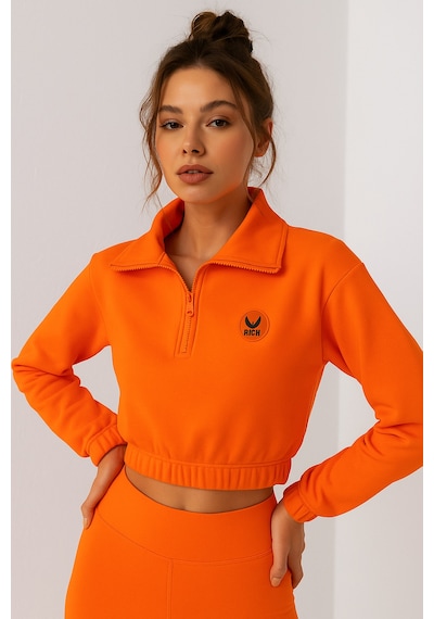 Kadın Oranj Yarım Fermuarlı Beli Lastikli Crop Sweatshirt Turuncu