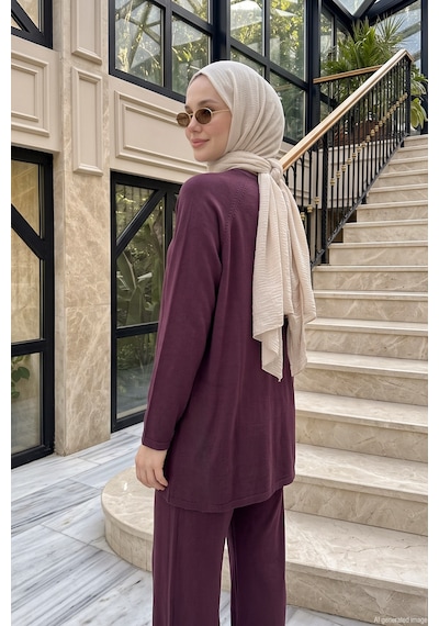 NUSS Düğme Detaylı Tunik Ve Pantolon Triko Takım 706 Bordo