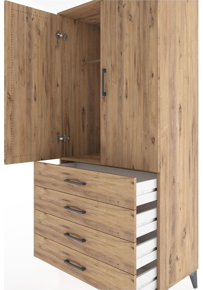 Hyperion Dolap Tek Raflı 4 Çekmeceli Tek Askılı 88x44x182 Çam... Çam