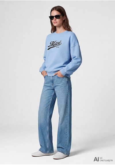 Logo Baskılı Sweatshırt Puslu Mavi