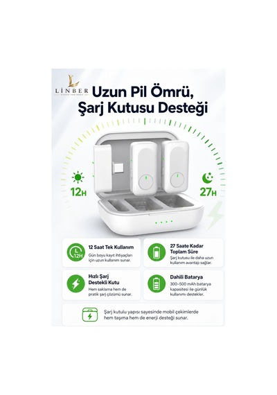 Type-c Girişli Beyaz Kablosuz Yaka Mikrofonu Şarj Kutulu 2 Verici 1 Alıcı 48khz 24bit Gürültü Engellemeli Beyaz Beyaz