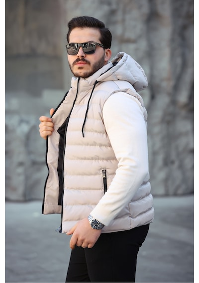Mero Life Erkek Bej Standart Fit Çıkarılır Kapüşonlu Cepli Fermuarlı Şişme Yelek