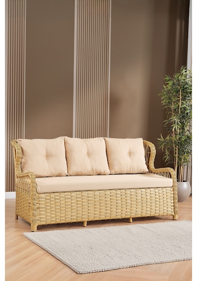 Paris Rattan Puflu Bahçe Balkon Takımı 3+1+1 Cam Masalı Cappuccino
