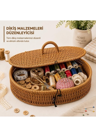 Kapaklı Rattan Oval Organizer Sepet Hasır Saklama Kutusu Çok Amaçlı Dekoratif Düzenleyici Kapaklı Organizer Diğer