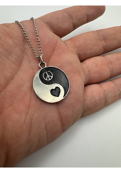 Ying Yang Aşk Ve Denge Temalı Unisex Kolye Siyah Beyaz Sembol Tasarımlı, 60 Cm Zamak Zincirli Çok renkli