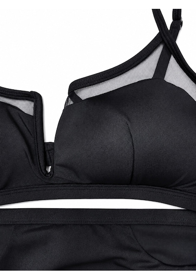Büyük Beden V Yaka Tül Detaylı Ayarlanabilir Askılı Kadın Bikini Takım Siyah