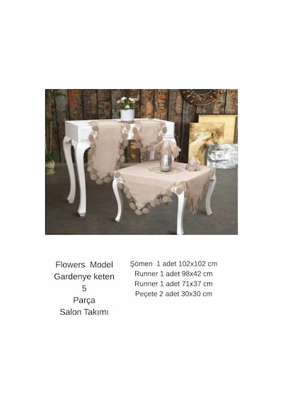 Salon Takımı 5 Parça Keten Dantelli Masa Örtüsü Runner Seti Çeyizlik Flowers Model Kapiçino Çok Renkli
