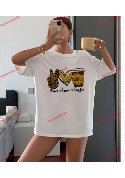 Tarzsokak Leopar Desenli Peace Love Coffe Beyaz