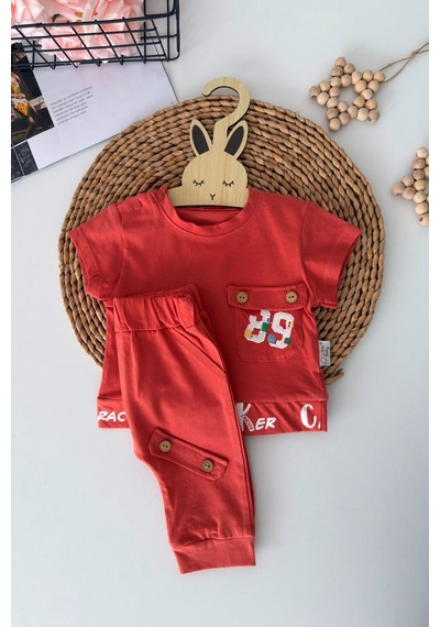 Minigimin Cicileri Cepli Nakış Detaylı Erkek Bebek 2 Li Takım - Kiremit
