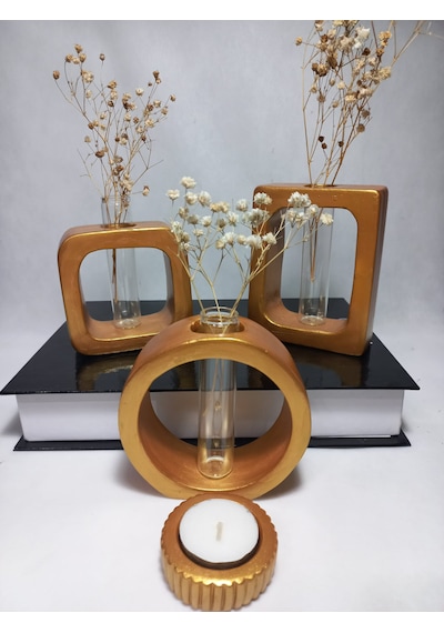 Modern Sanat Esintili, Dikdörtgen-kare-yuvarlak Formlu, Cam Tüplü Dekoratif 3'lü Vazo Set Gold