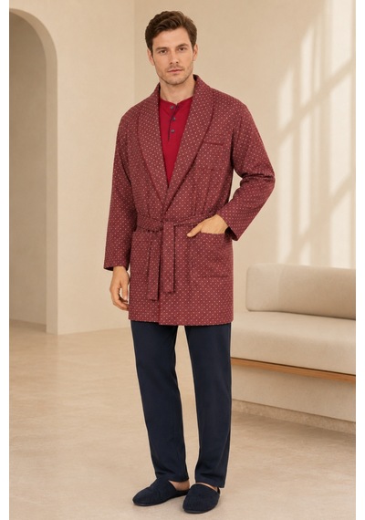 Loule Erkek Bordo Desenli Robdöşambr Ve Pijama Takımı 5 Parça
