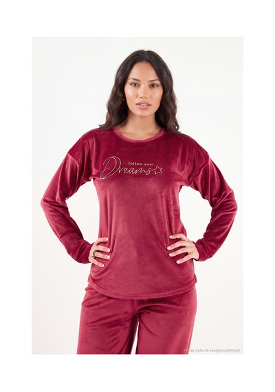 Lela Bisiklet Yaka Yumuşak Dokulu Parlak Kadife Pijama Takımı Kadın Pijama Takımı 6094209 Bordo