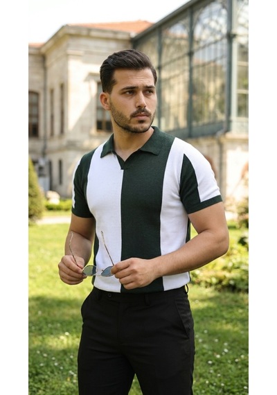 Suma Erkek Kısa Kollu Polo Yakalı Blok Desenli Triko Bluz Yeşil