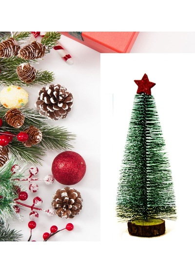 Yıldızlı Masa üstü Çam ağacı - 25 cm, Karlı  Kütük Üzeri Mini Çam