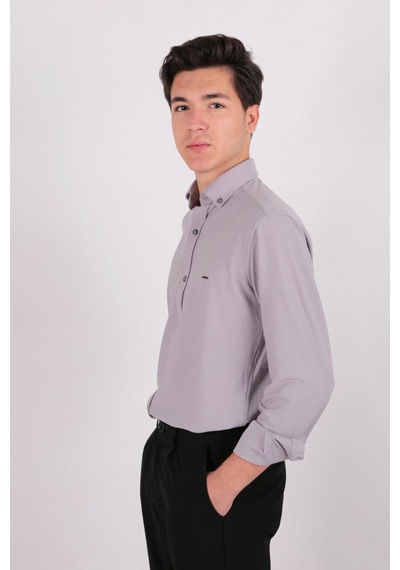 Twın Lıon Twin Lıon 408 Slimfit Örme Armürlü Düz Gömlek Gri