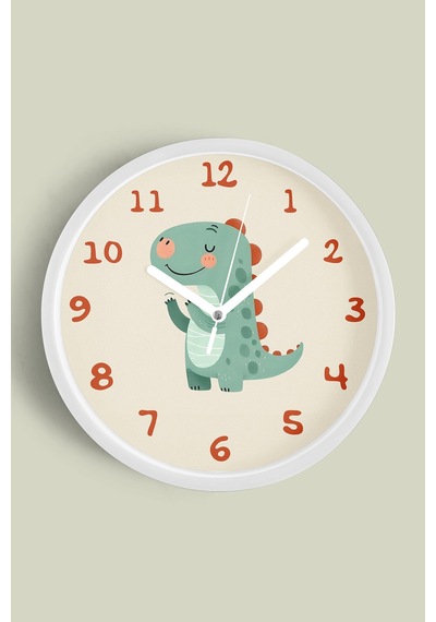 Sevimli Dinozor Çocuk Odası Duvar Saati - 35cm - Önü Camlı Beyaz Kasa - Sessiz Mekanizma Beyaz
