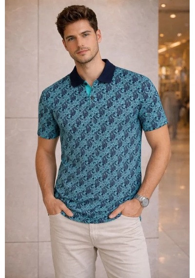 Suma Erkek Pike Polo Yaka Palmiye Desenli Kısa Kol Tişört Turkuaz