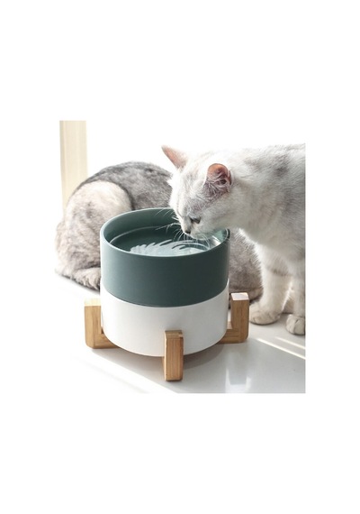 Yılmazel Seramik ve Doğal Ahşaptan Kedi Mama ve Su Kabı