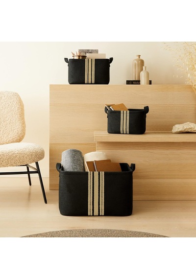 Ocean Home Textile 3'lü Çizgili Siyah Renk Jüt Sepet Set 24 X 17 X 14/30 X 21 X 18/42 X 31 X 25 Cm