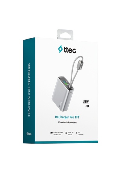Ttec Recharger Pro Tft 10.000mah Pd 35w Usb-c Ve Lightning Dahili Kablolu Taşınabilir Hızlı Şarj Aleti / Powerbank 2bb279 Gri