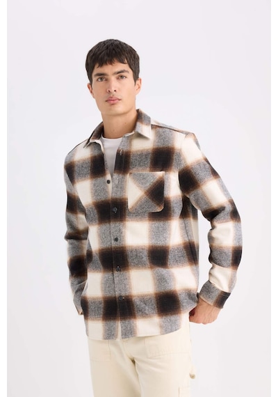 Defacto Regular Fit Polo Yaka Kareli Flanel Uzun Kollu Gömlek D2320AX24AUBN279 Kahve