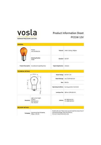 Vosla 12v 93 Ampul 21w Bau15s Py21w Yakın Tırnak Amber Vs37638 10 Lu