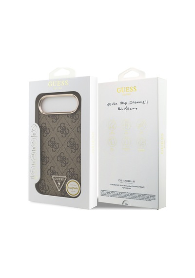 Apple Uyumlu iPhone 17 Air Kılıf Guess Lisanslı M-safe Şarjlı Gold Metal Kamera Çerçeveli Taşlı Üçgen Logo Kahve