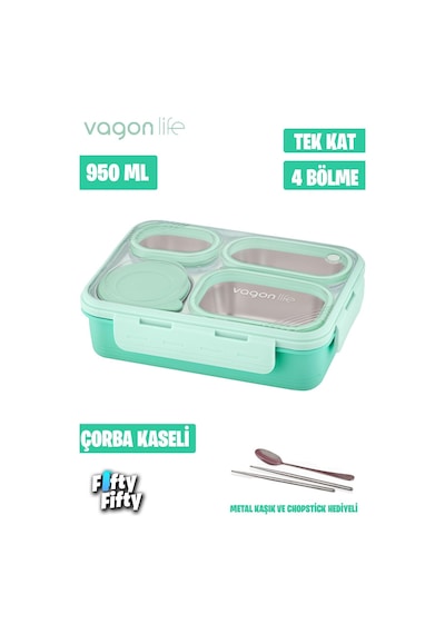 Vagonlife Lunch Box 950 ML Paslanmaz Çelik Tek Kat Dört Bölmeli Çorba Kaseli Metal Kaşıklı-fflbox7099