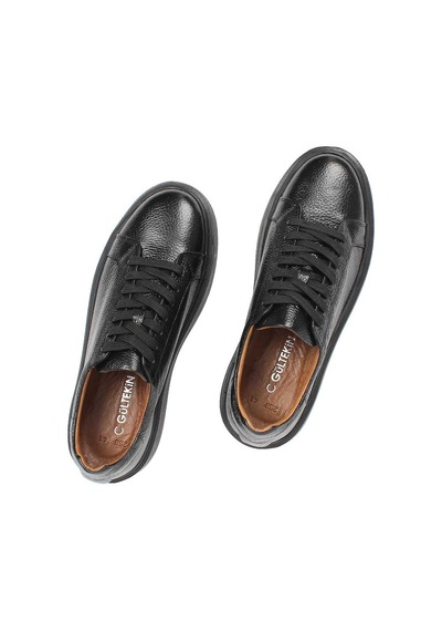 Erkek Siyah Kalın Tabanlı Siyah Deri Sneaker Siyah Siyah