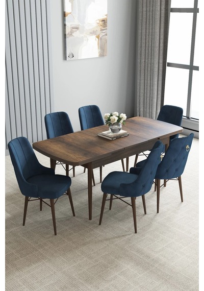 Zümra Serisi, Barok Ahşap Desen 80x132 Açılabilir Mdf Mutfak Masası Takımı 6 Adet Sandalye, Lacivert Zümra Serisi, Barok Ahşap Desen 80x132 Açılabilir Mdf Mutfak Masası Takımı 6 Adet Sandalye, Lacivert