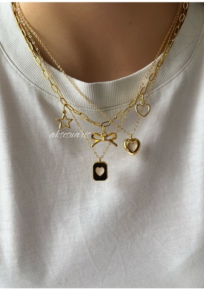 3'lü Gold Kalp Yıldız Kurdele Charm Kolye Set Sarı Sarı